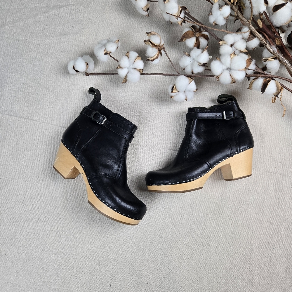 Swedish Hasbeens Black Leather Clog Booties with Natural Wood Heel